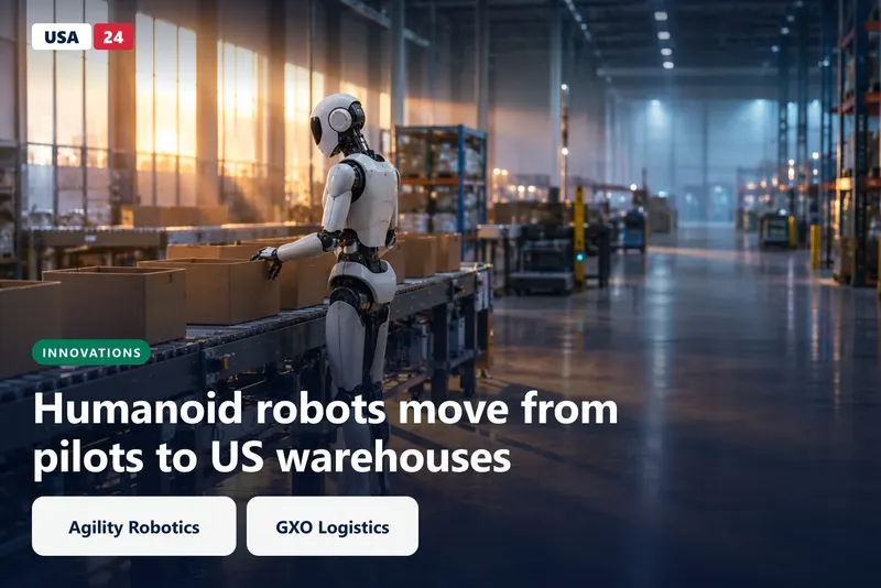 Humanoid robot with a metal frame stands in a large warehouse aisle lit by overhead light at dusk.