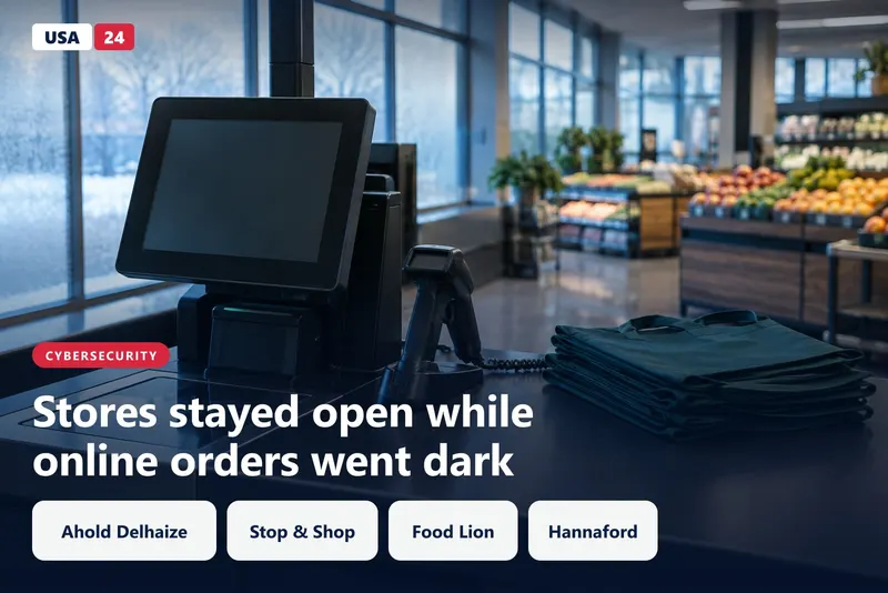 Empty self-checkout lane at dawn, a dark handheld scanner on the counter and blue light through frosted store windows.