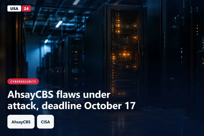 Low-angle view of a dim data center where one backup server cabinet glows with amber status lights among darker racks.