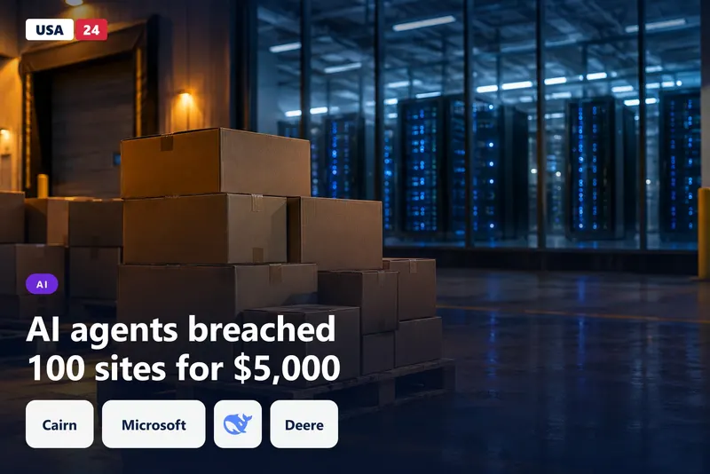 Stacked cardboard parcels on a loading dock at dusk, with server racks glowing faintly through a glass wall behind them.