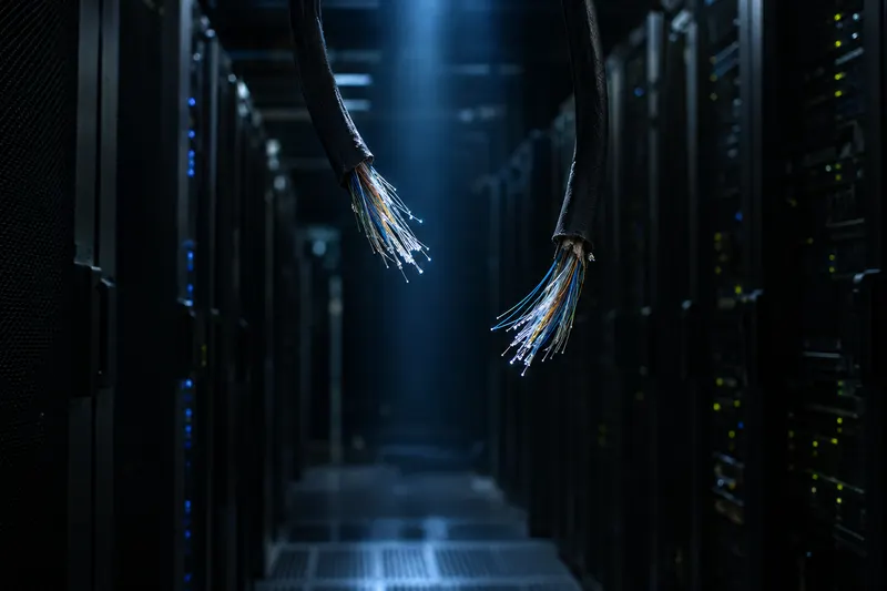 Cut fiber-optic cables in a dim server hall, their ends separated by a dark gap lit by a thin blue light.