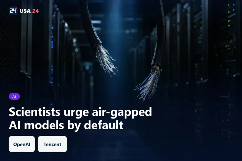 Cut fiber-optic cables in a dim server hall, their ends separated by a dark gap lit by a thin blue light.