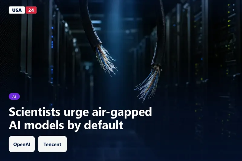Cut fiber-optic cables in a dim server hall, their ends separated by a dark gap lit by a thin blue light.
