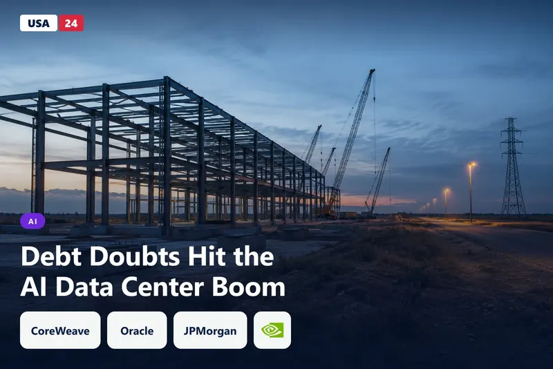 Half-built data center steel frame at dusk, power lines running toward a dim horizon under cold blue light