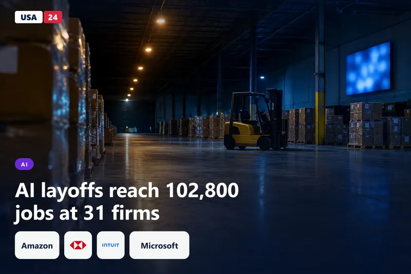 Empty warehouse floor at night with rows of stacked boxes, a lone parked forklift and a dim glowing screen in the distance.