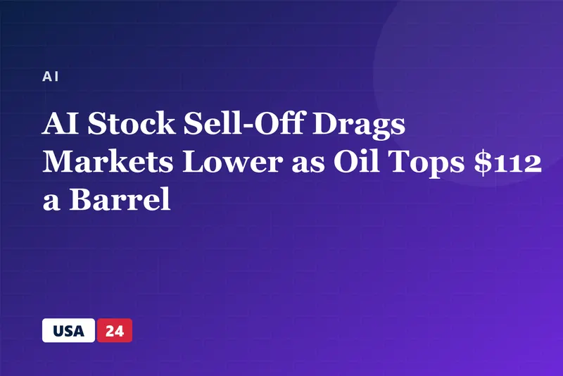 Dim trading floor with red-lit screens glowing abstractly, a dark oil tanker silhouetted beyond a harbor window at dusk.