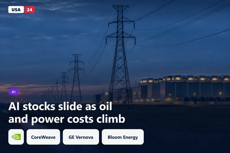 High-voltage transmission towers lead toward a data center at blue hour, with a refinery flare glowing on the horizon.