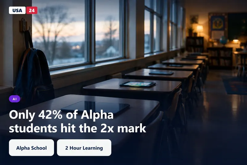 Empty classroom at dawn with rows of wooden desks, each holding a tablet, one screen glowing softly by tall windows.