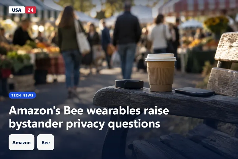 Matte-black wristband resting on a park bench beside a paper coffee cup, with blurred shoppers at a market behind it.