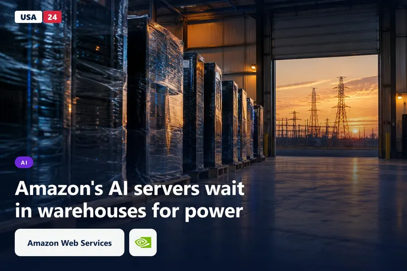 Wrapped server racks sit on pallets in a dim warehouse while distant power lines glow outside a loading dock at dusk.