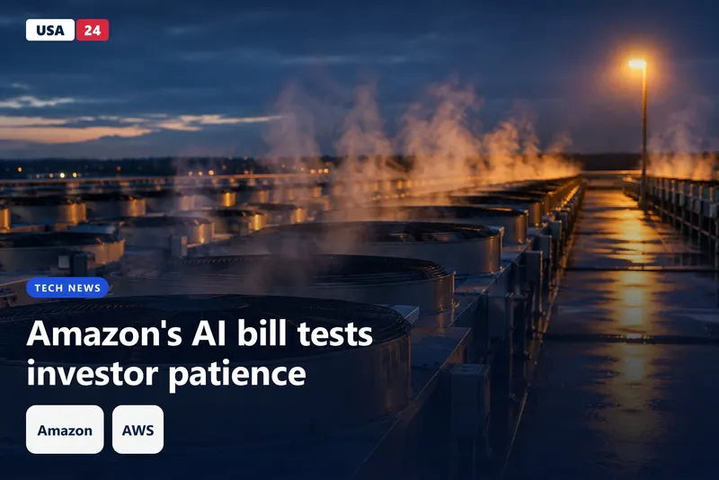 Blue-hour view of a data center's rooftop cooling fans and exhaust vents, with steam rising into cold night air.