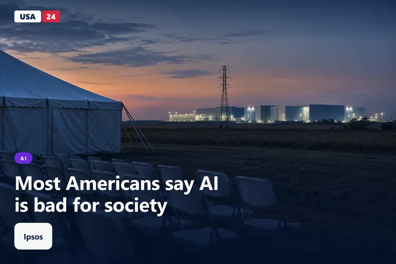 Rows of empty folding chairs face a distant data center complex glowing on a flat field at dusk under a pale blue sky.