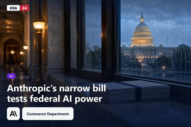 Rain-streaked corridor window at blue hour framing the Capitol dome, with unmarked draft pages on a marble sill.