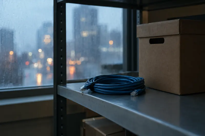 Coiled network cable on a steel shelf beside a sealed archive box, with blurred blue dusk light through a frosted window.