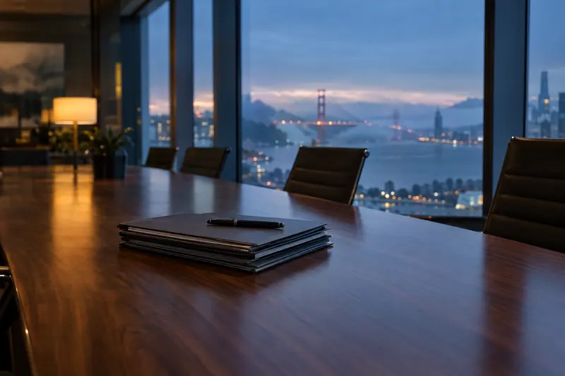 Dusk light falls across an empty San Francisco conference table with a stack of blank folders and fog beyond the window.