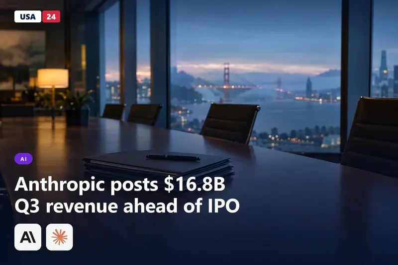 Dusk light falls across an empty San Francisco conference table with a stack of blank folders and fog beyond the window.