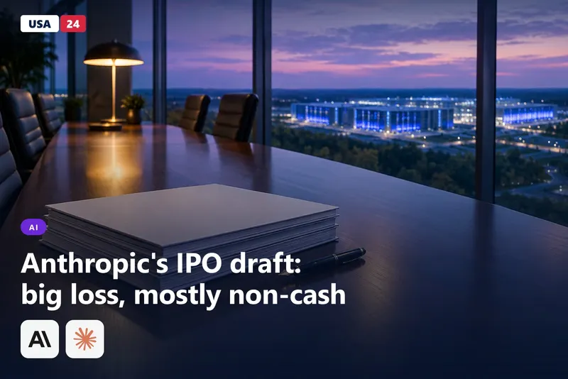Bound documents with blank covers rest on a boardroom table at dusk, with a glowing data center campus beyond the windows.