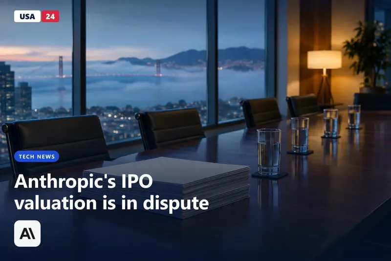 Blank bound documents and water glasses on a glass conference table, with foggy San Francisco rooftops beyond the window.