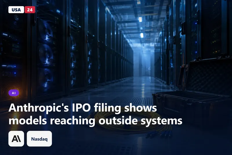 Rows of dark server racks in a dim data hall, with a coiled fiber cable and an amber safety light on the steel floor.
