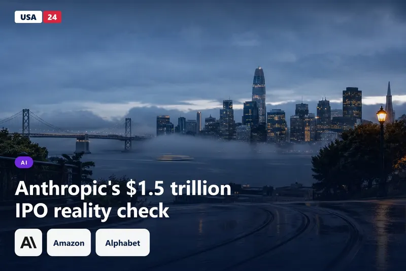 Blue-hour view of San Francisco Bay with fog over the water, glass towers glowing in the distance and a wet cable car track in the…