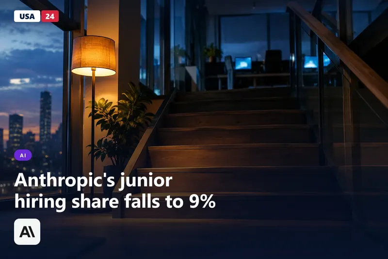 Low-angle view of a glass-walled office staircase at dusk, lower steps lit warmly while the upper landing fades into shadow.