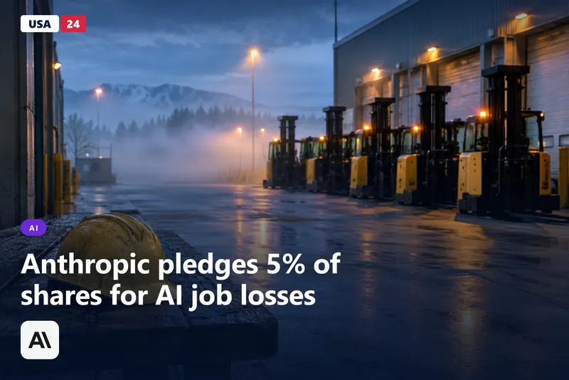 Empty warehouse loading dock at dusk with parked automated forklifts in fog and a hard hat on a bench, lit by cool blue light.