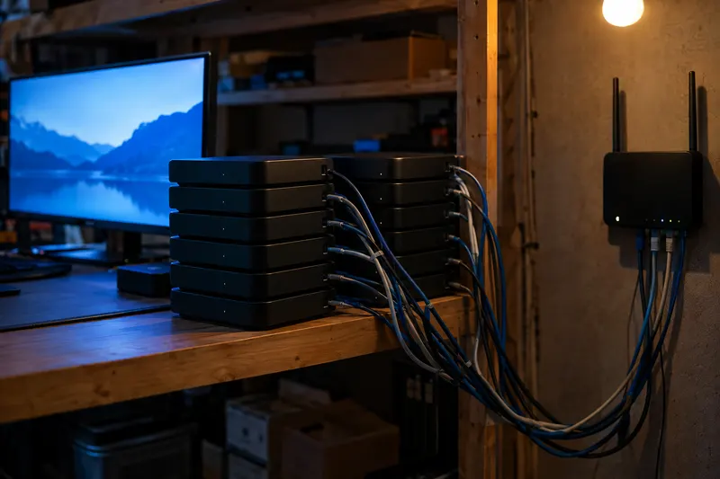 Stacked unbranded Android TV boxes and tangled cables on a shelf in a dim workshop, lit by a monitor's blue glow.