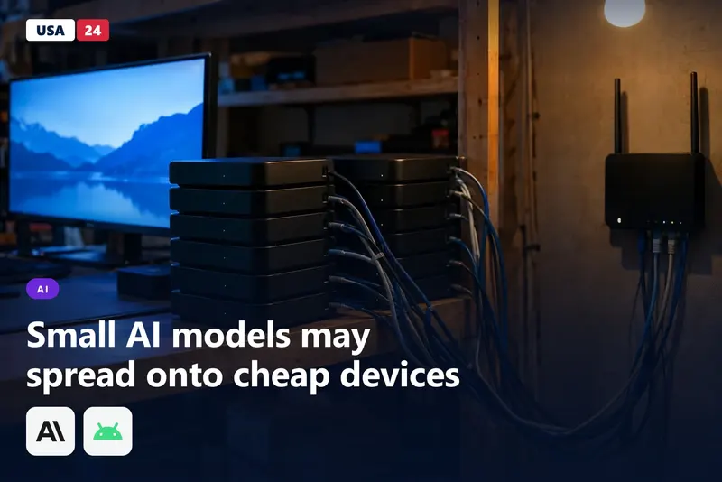 Stacked unbranded Android TV boxes and tangled cables on a shelf in a dim workshop, lit by a monitor's blue glow.