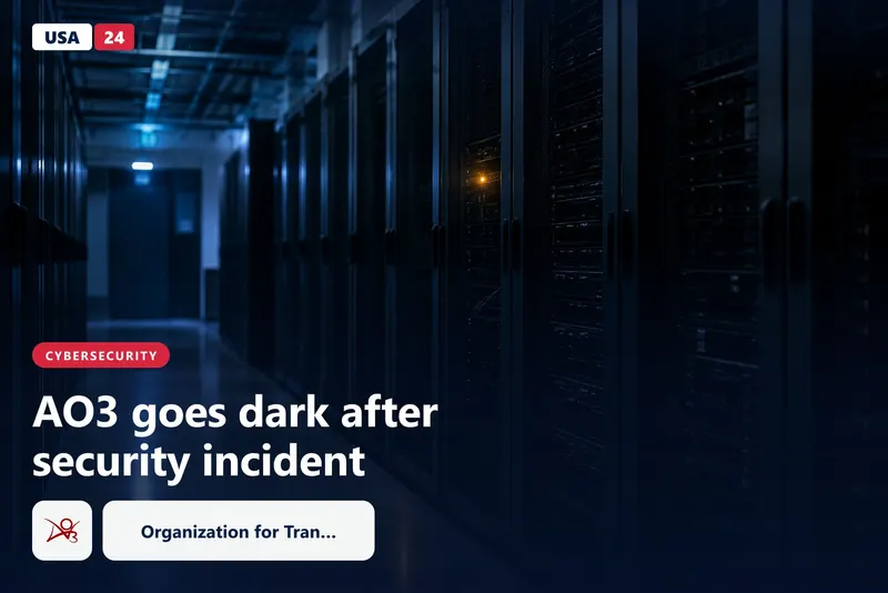 Rows of dark data center server racks at night, with one amber status light glowing on a single rack near the center.