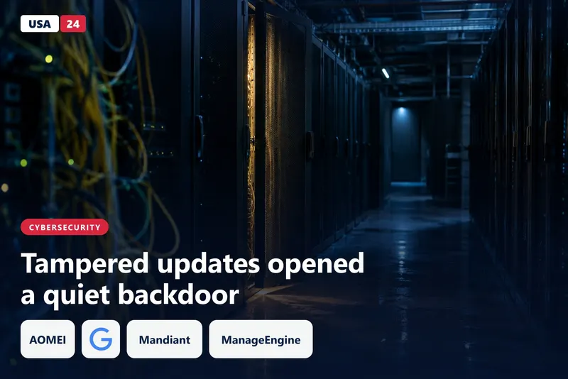 Dark data center aisle with rows of server racks, one rack door standing open and a thin amber light spilling onto the floor.