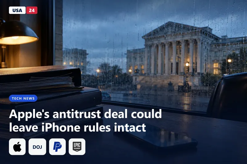Courthouse seen through a rain-streaked window at dusk, with document binders and a face-down phone on a wooden table.