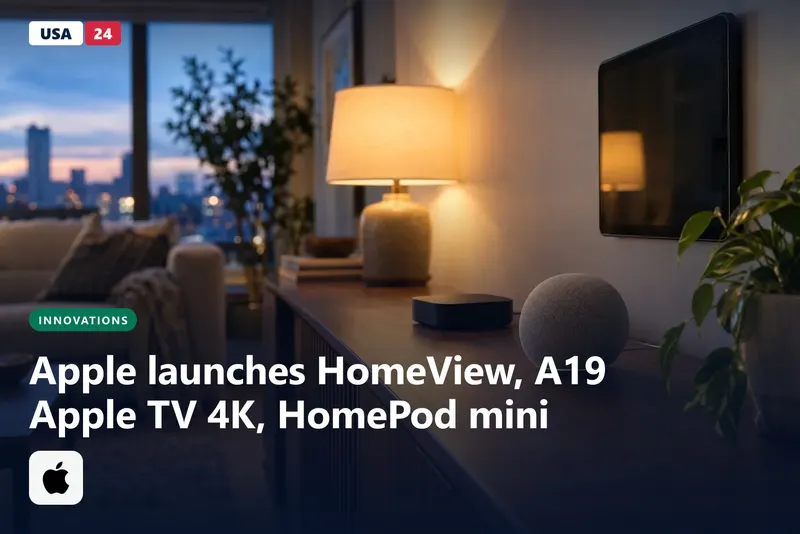 A small fabric smart speaker and black streaming box on a wooden console, with a dark wall display in a softly lit living room