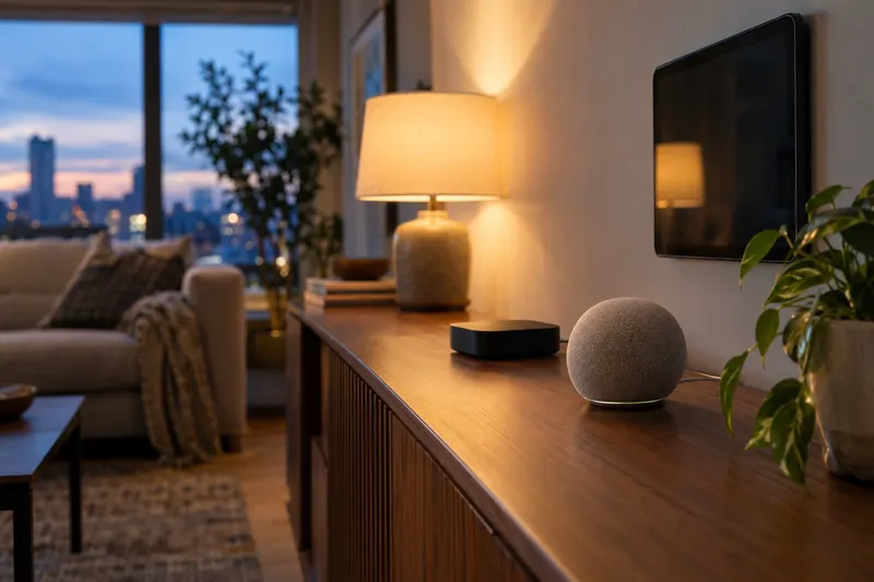 A small fabric smart speaker and black streaming box on a wooden console, with a dark wall display in a softly lit living room