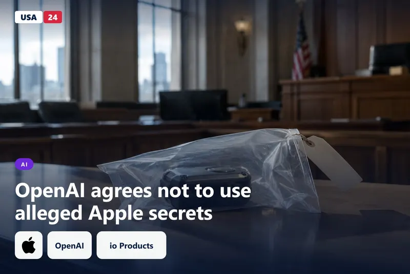 A sealed prototype device in a clear evidence bag on a wooden courtroom table, lit by cool daylight from tall windows behind it.