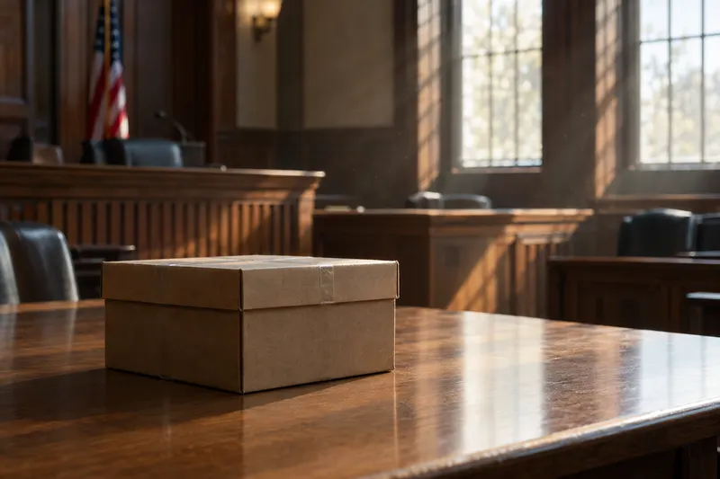 Sealed cardboard evidence box on an oak table in an empty federal courtroom, lit by late-afternoon sun through tall windows.