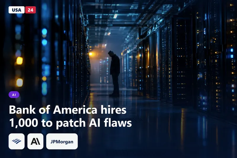 Server racks in a dim bank data center, blue status lights glowing, with one technician silhouetted in the aisle.