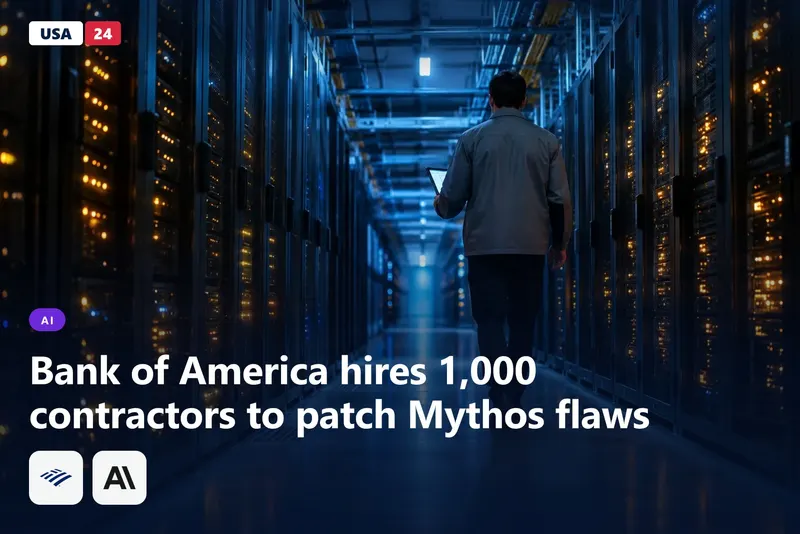 A technician walks a cable-lined aisle in a dim bank data center, server racks glowing blue and amber before dawn.