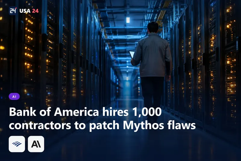 A technician walks a cable-lined aisle in a dim bank data center, server racks glowing blue and amber before dawn.