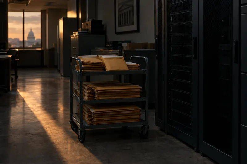 Dim federal courthouse back office at dusk with a cart of sealed envelopes beside dark server racks in amber light.