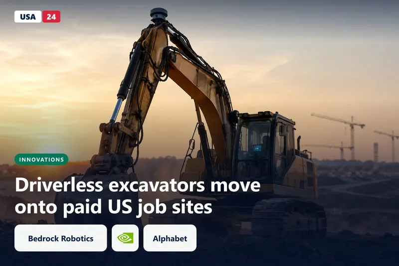 Excavator with a roof-mounted sensor module raises its boom on a dusty job site at sunrise, cab empty.