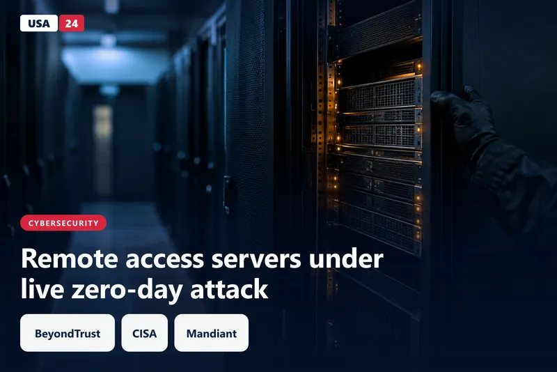 Dim server room aisle at night with one rack's amber status lights glowing while a gloved hand rests on its open door.
