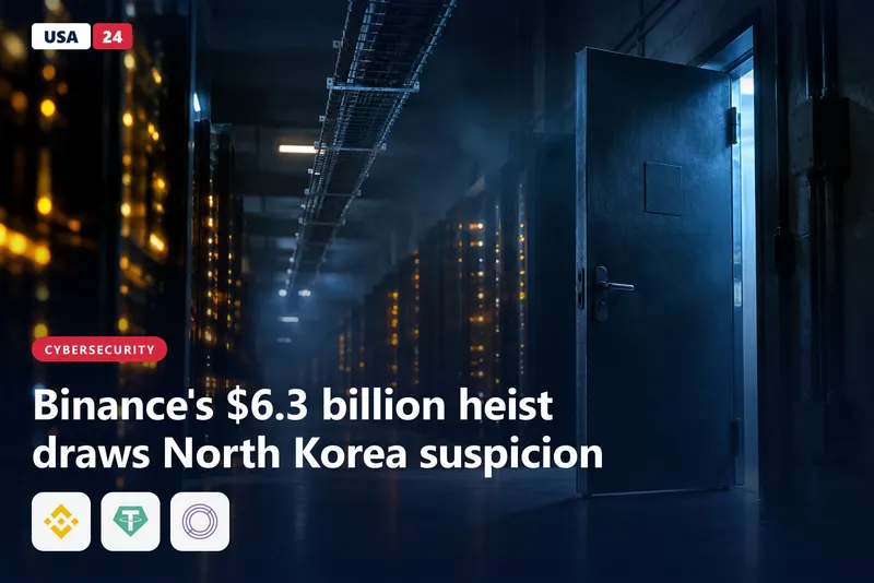 Dim data center corridor lined with server racks, amber lights blurred, and a half-open steel door glowing blue.
