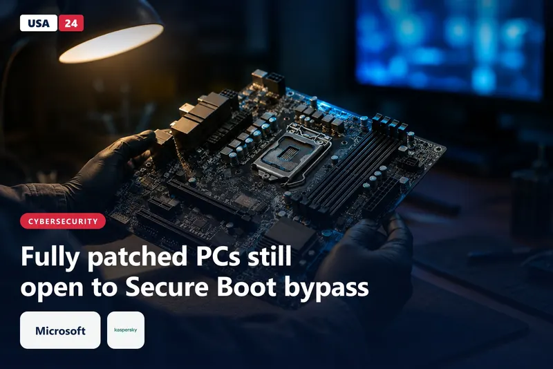 Gloved hands hold an open computer motherboard under a warm desk lamp, with a dim monitor glowing blue in the background.
