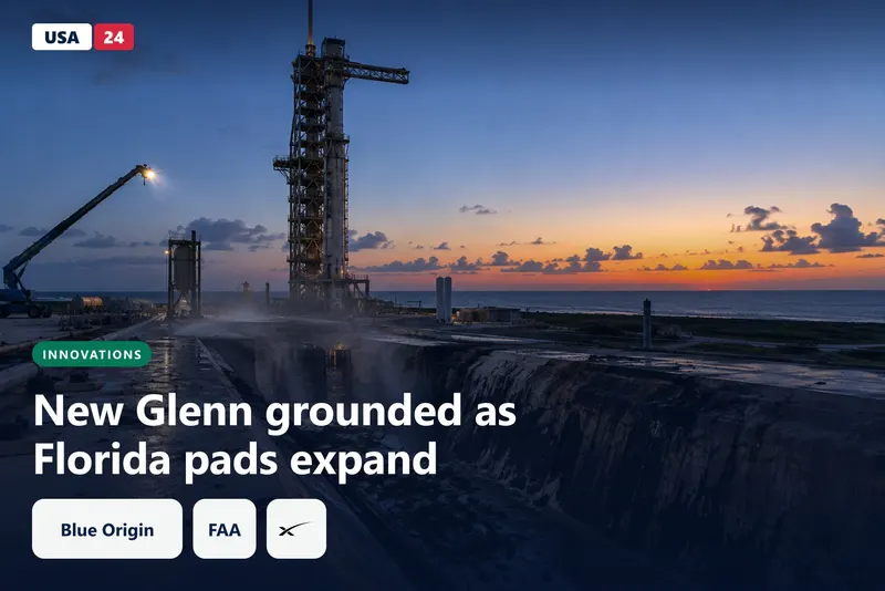 Steel launch tower and scorched flame trench at a Florida pad at blue hour, with mist rising over the concrete.