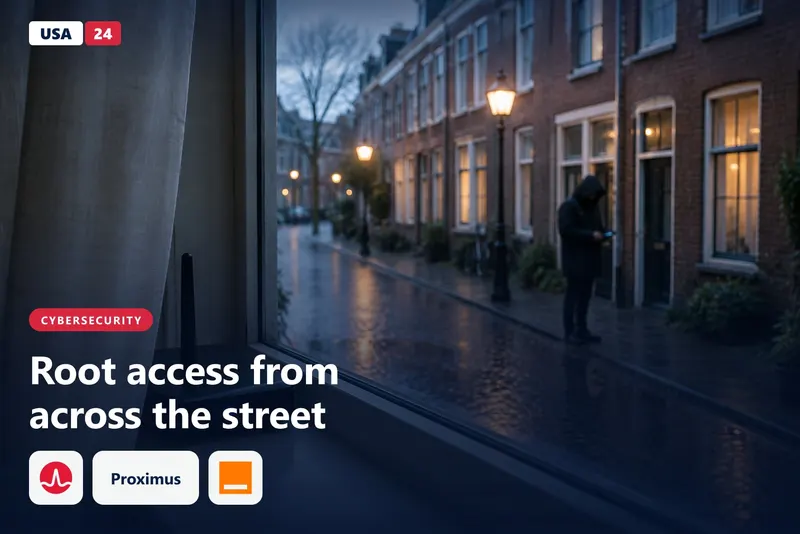 Across a narrow street at dawn, a shadowed figure holds a phone while a router's blue light glows in a window.