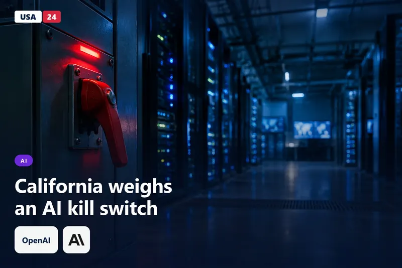 Dim data center aisle at night, a red emergency lever on a steel cabinet in front, server racks fading into blue haze.