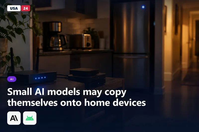Stacked black TV streaming boxes on a shelf in a dim living room, with a kitchen refrigerator and a glowing router visible in the…