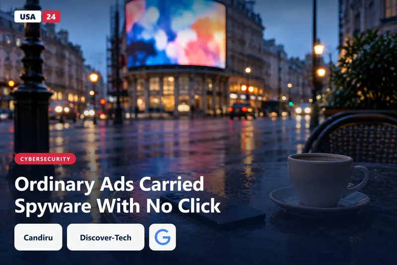 A smartphone lies face down on a wet café table as a blurred digital billboard glows across a rainy city street at dusk.