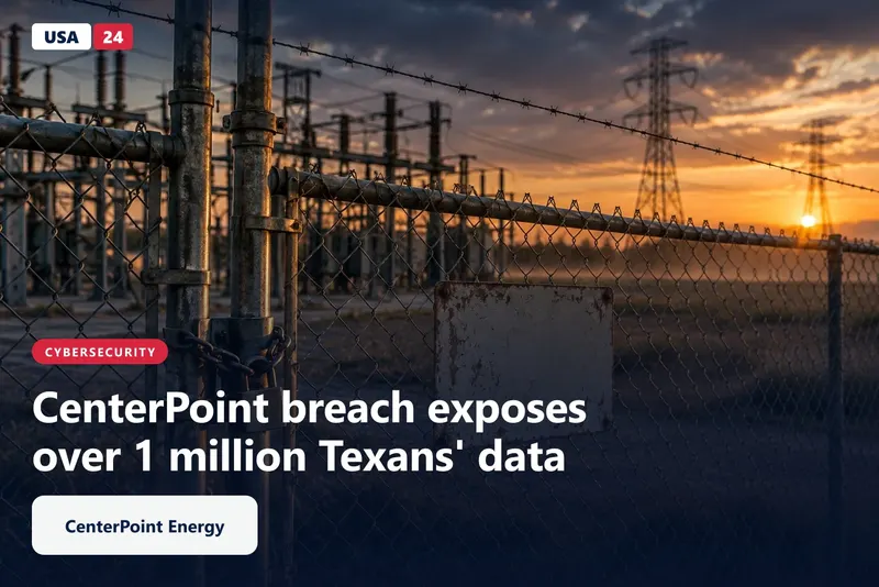 Chain-link fence and padlocked gate at a Texas substation under low evening sun, transmission towers behind.