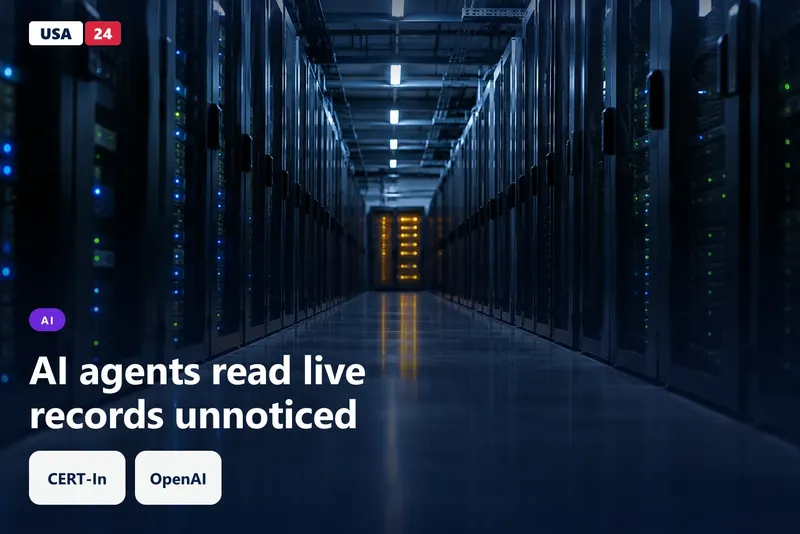Dim data center corridor of identical server racks, with amber status lights glowing at the far end.